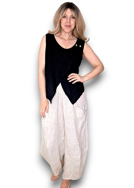 Helga May: Overlap Linen Tank Top - Black