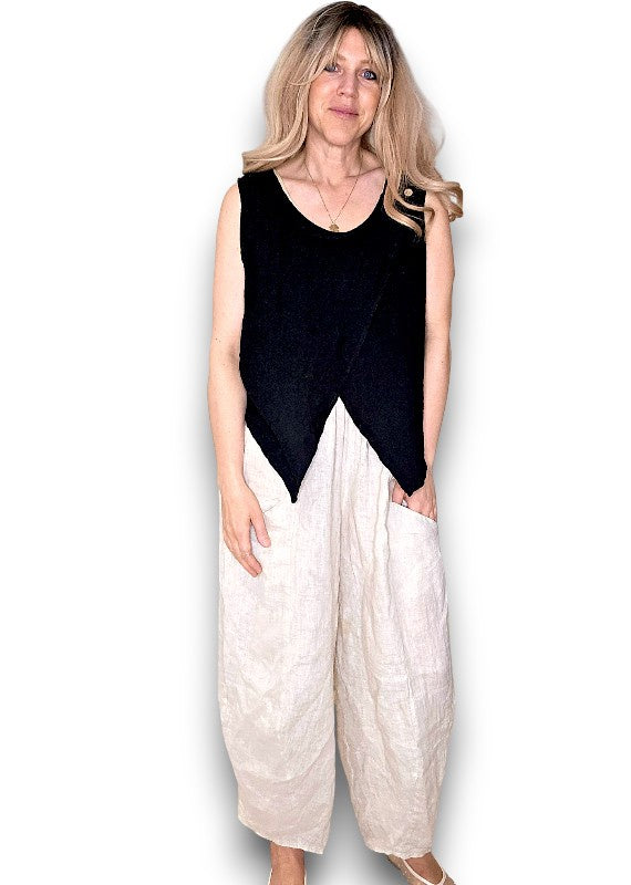 Helga May: Overlap Linen Tank Top - Black