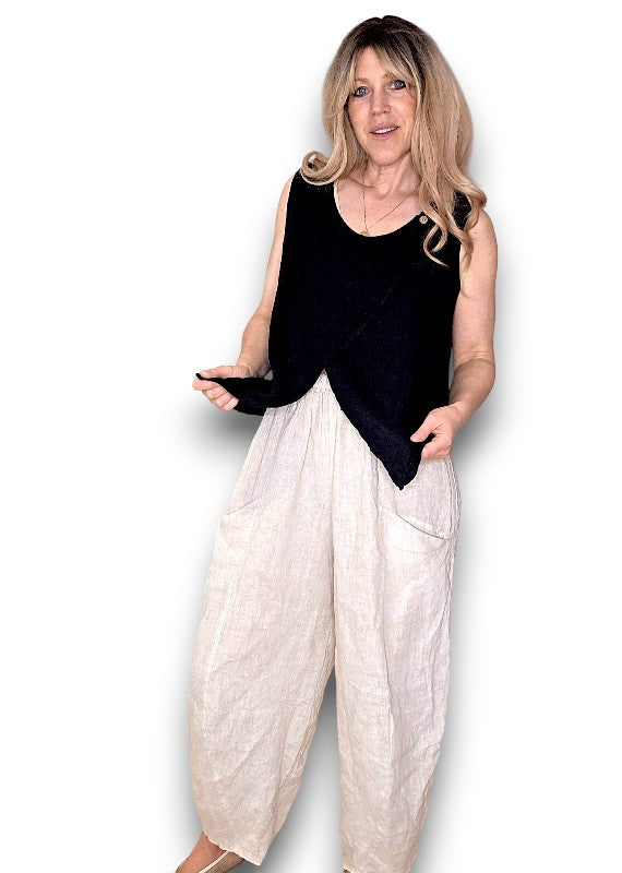 Helga May: Overlap Linen Tank Top - Black