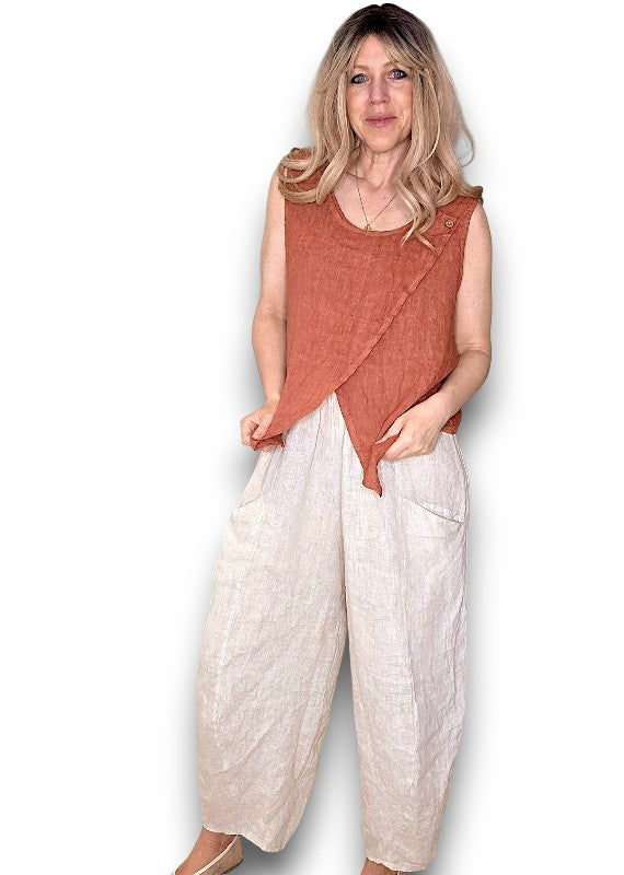 Helga May: Overlap Linen Tank Top - Brick