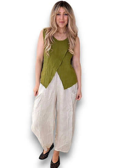 Helga May: Overlap Linen Tank Top - Olive Green