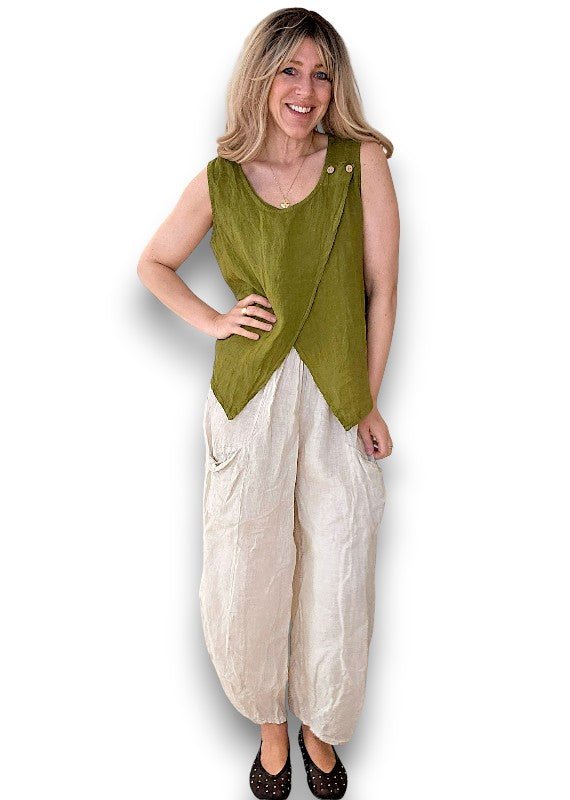 Helga May: Overlap Linen Tank Top - Olive Green