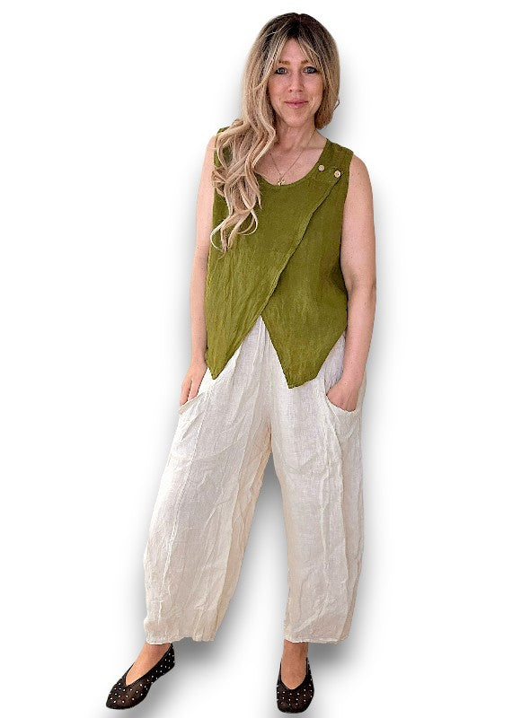 Helga May: Overlap Linen Tank Top - Olive Green