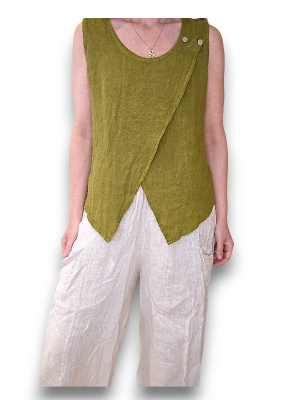 Helga May: Overlap Linen Tank Top - Olive Green