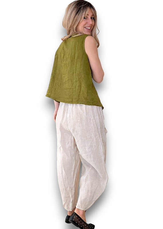 Helga May: Overlap Linen Tank Top - Olive Green