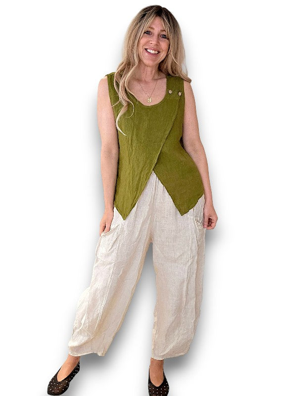 Helga May: Overlap Linen Tank Top - Olive Green