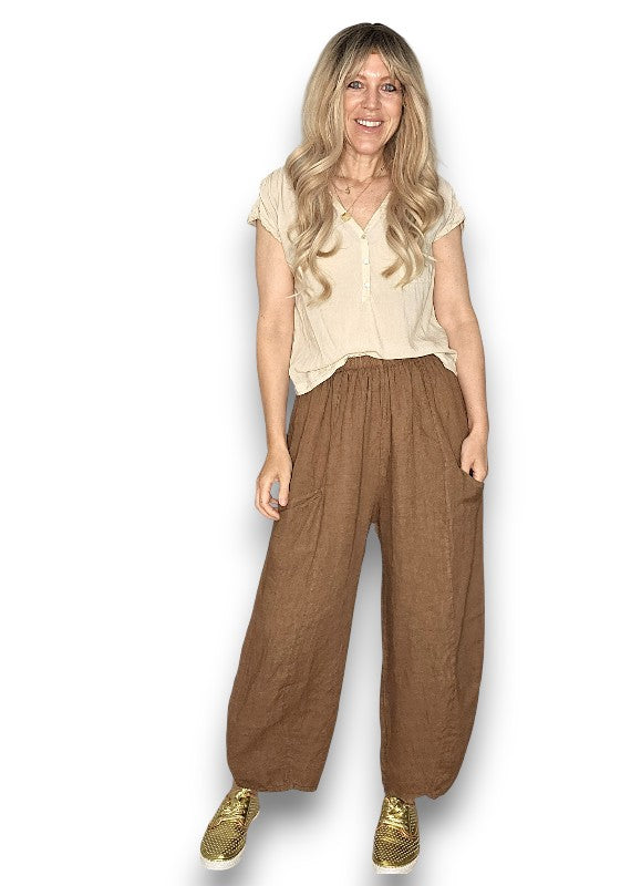 Helga May: Barrel Linen Pants - Coffee