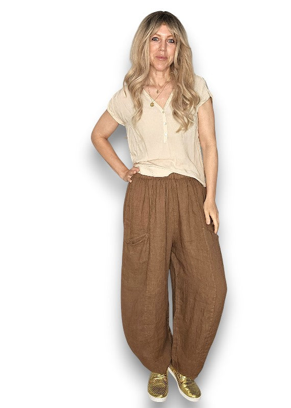 Helga May: Barrel Linen Pants - Coffee