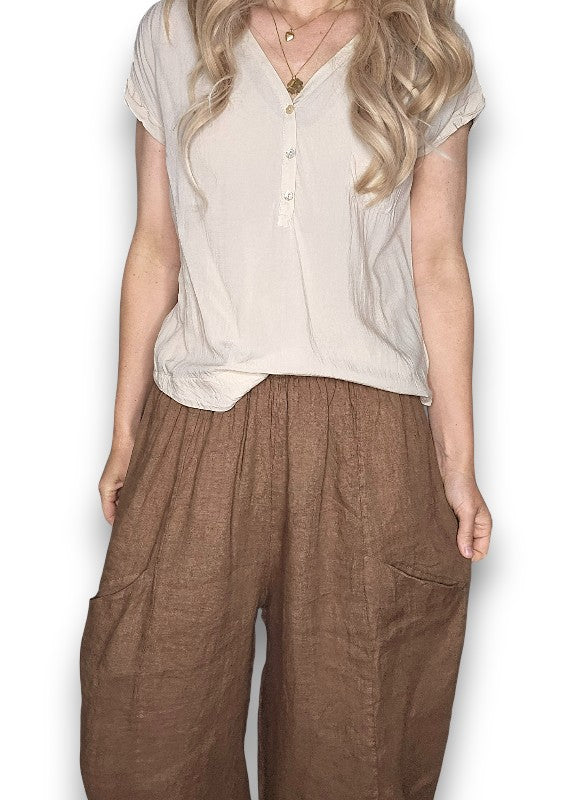 Helga May: Barrel Linen Pants - Coffee