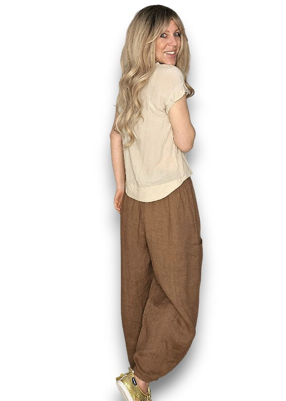 Helga May: Barrel Linen Pants - Coffee