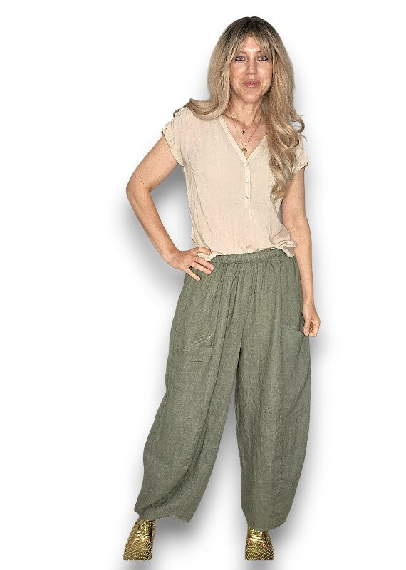 Helga May: Barrel Linen Pants - Forest