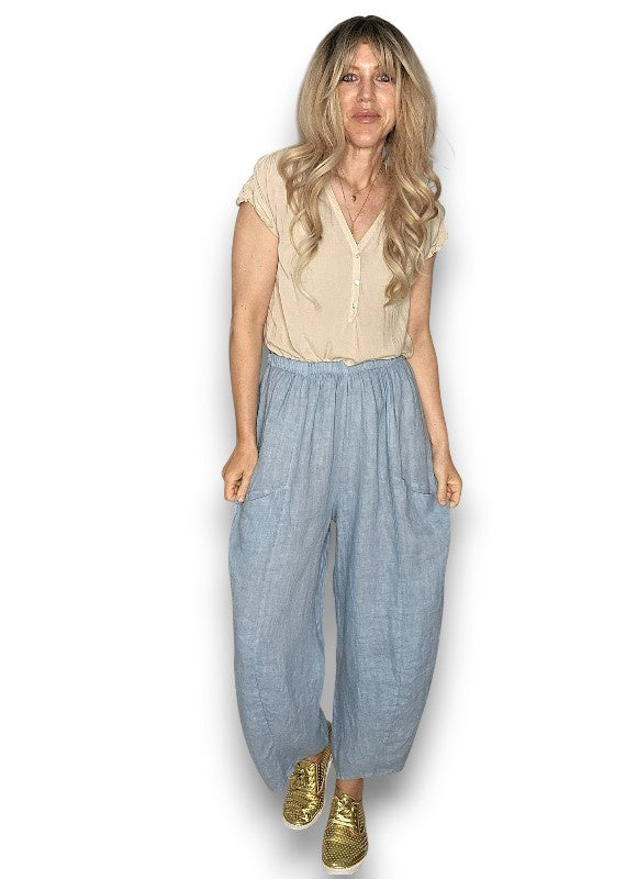 Helga May: Barrel Linen Pants - Faded Petrol