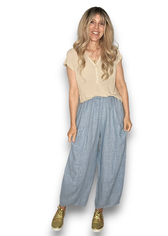 Helga May: Barrel Linen Pants - Faded Petrol