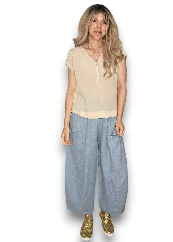 Helga May: Barrel Linen Pants - Faded Petrol