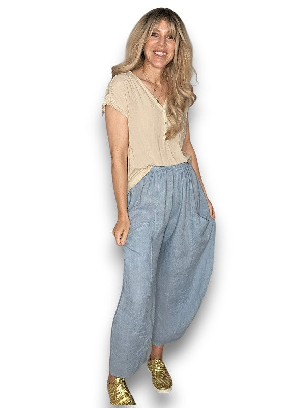 Helga May: Barrel Linen Pants - Faded Petrol