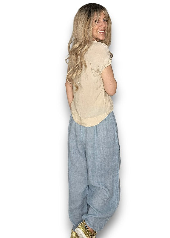 Helga May: Barrel Linen Pants - Faded Petrol