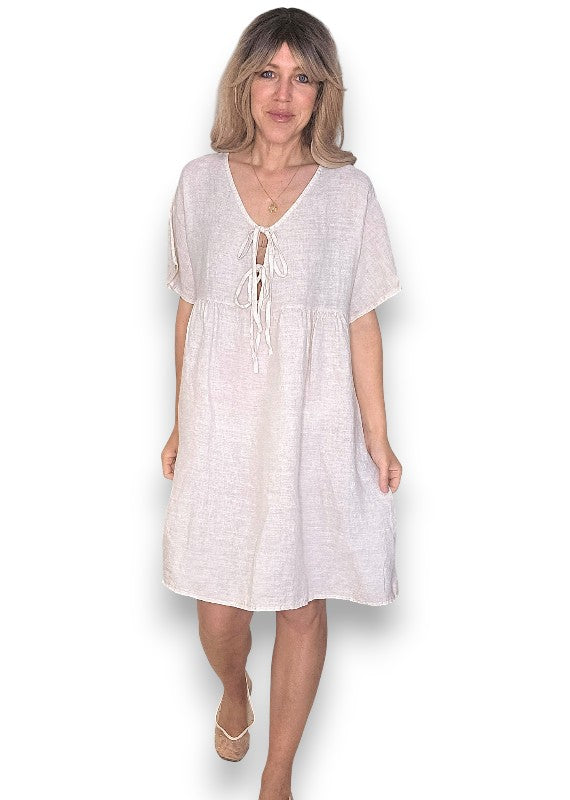 Helga May: Deux Ribbon Babydoll Dress - Beige