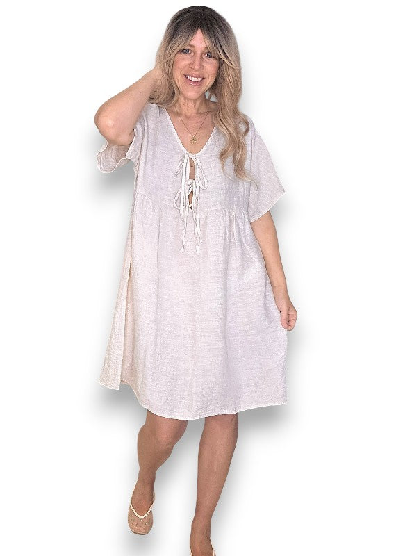 Helga May: Deux Ribbon Babydoll Dress - Beige