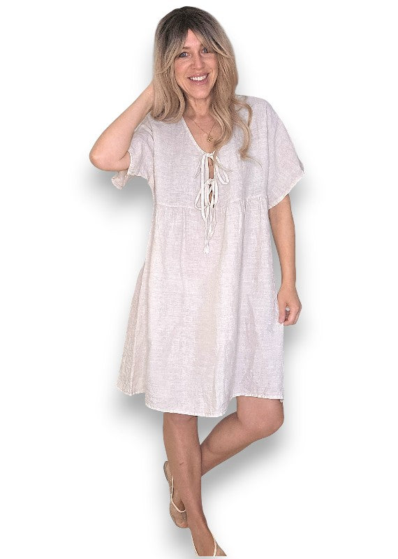 Helga May: Deux Ribbon Babydoll Dress - Beige