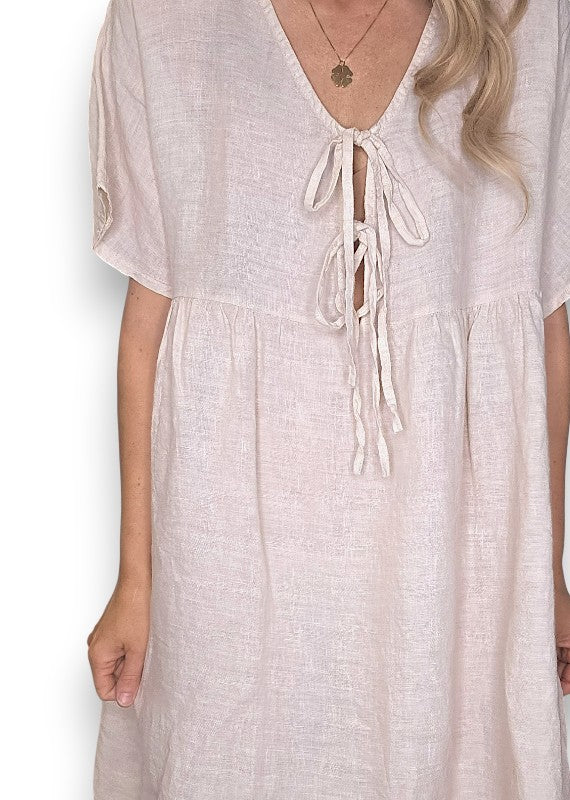 Helga May: Deux Ribbon Babydoll Dress - Beige