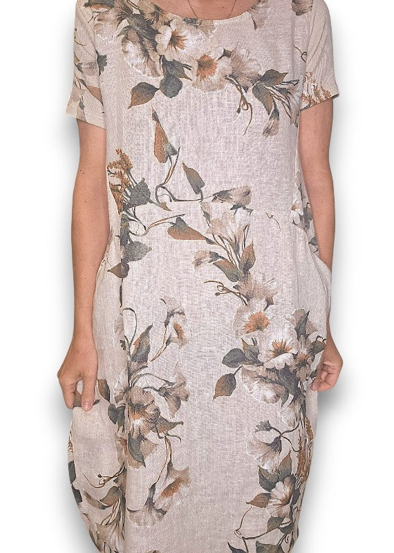 Sized Helga May Jungle Dress: Trumpet Flower - Beige