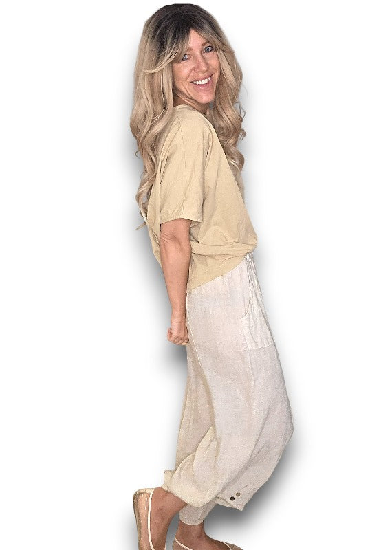 Helga May: Mini Button Linen Pants - Beige