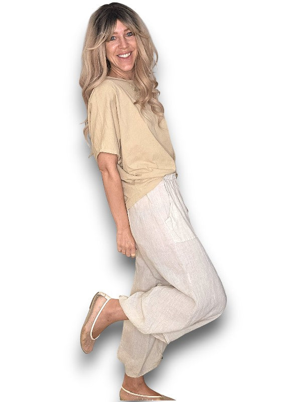 Helga May: Mini Button Linen Pants - Beige