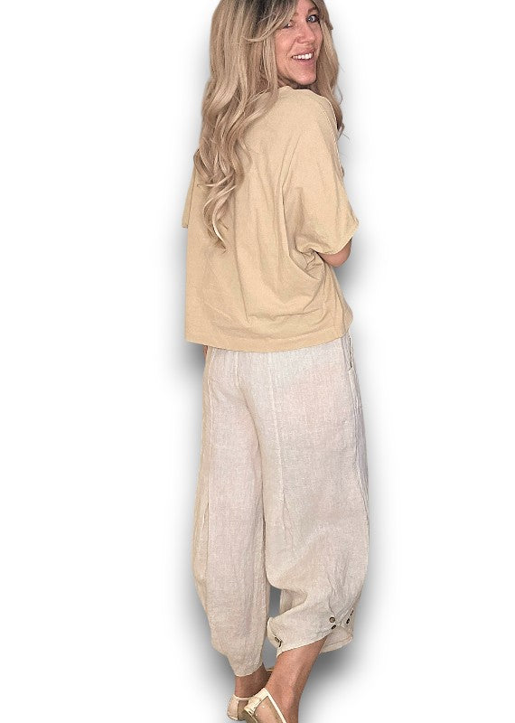Helga May: Mini Button Linen Pants - Beige