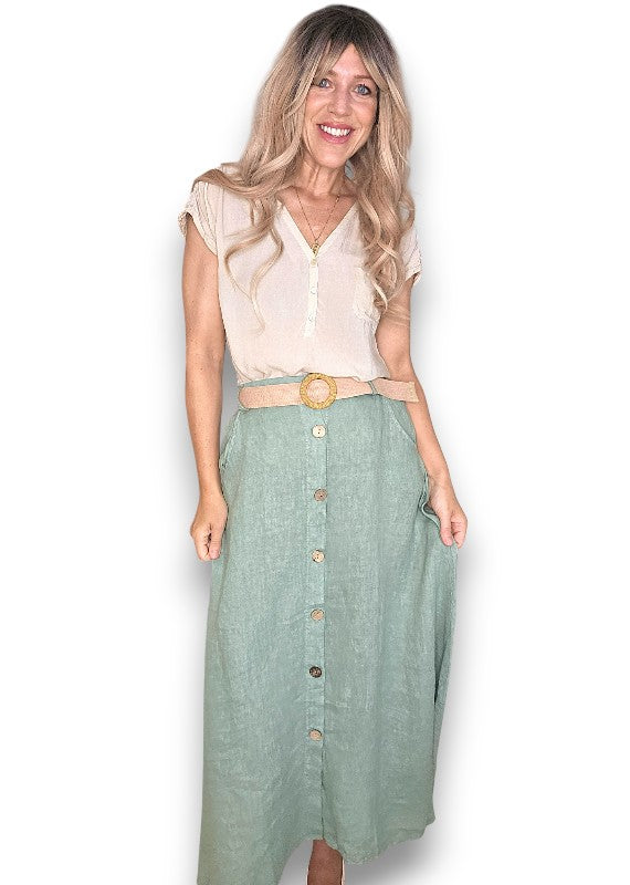 Helga May: Raffia Belt Linen Button Skirt - Sage