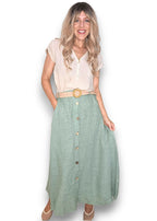 Helga May: Raffia Belt Linen Button Skirt - Sage
