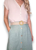 Helga May: Raffia Belt Linen Button Skirt - Sage