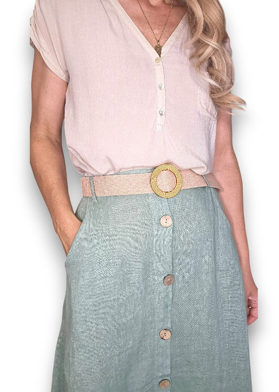 Helga May: Raffia Belt Linen Button Skirt - Sage