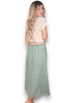 Helga May: Raffia Belt Linen Button Skirt - Sage
