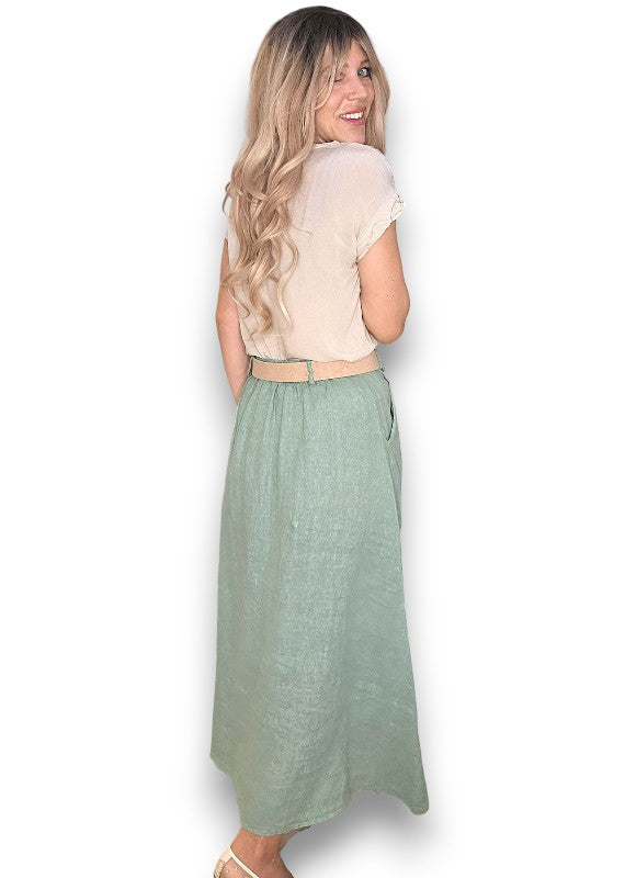 Helga May: Raffia Belt Linen Button Skirt - Sage