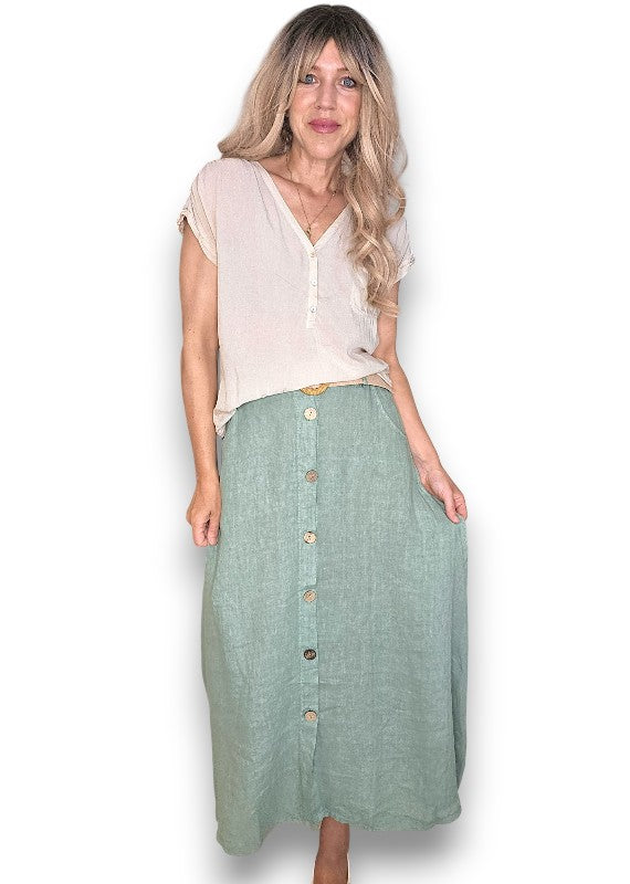 Helga May: Raffia Belt Linen Button Skirt - Sage