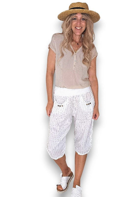 Helga May: Linen Capri Pants - White Pinstripe