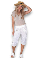 Helga May: Linen Capri Pants - White Pinstripe