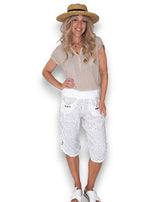 Helga May: Linen Capri Pants - White Pinstripe