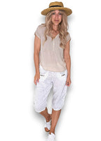 Helga May: Linen Capri Pants - White Pinstripe