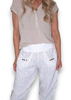 Helga May: Linen Capri Pants - White Pinstripe