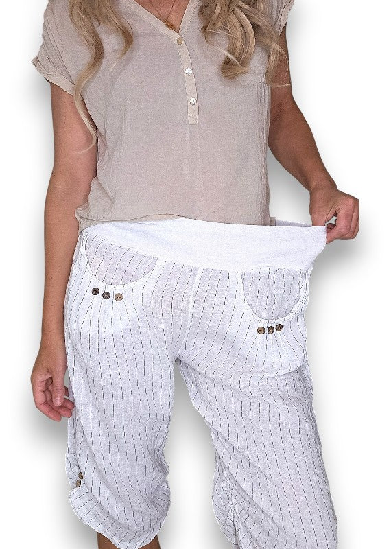 Helga May: Linen Capri Pants - White Pinstripe