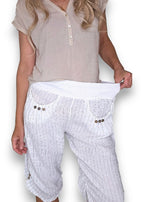 Helga May: Linen Capri Pants - White Pinstripe