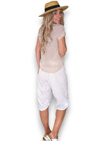 Helga May: Linen Capri Pants - White Pinstripe