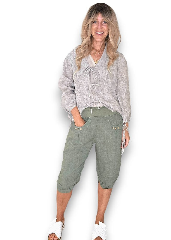 Helga May: Linen Capri Pants - Forest