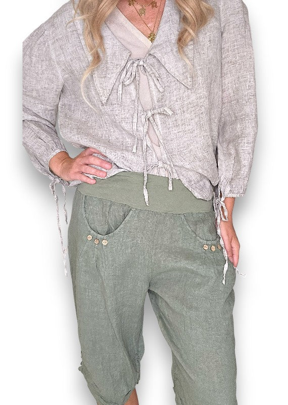 Helga May: Linen Capri Pants - Forest