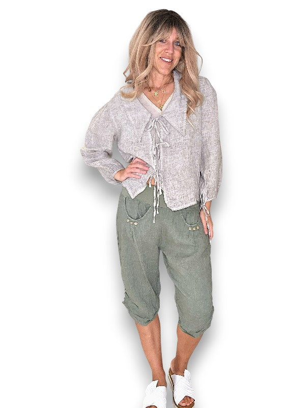 Helga May: Linen Capri Pants - Forest
