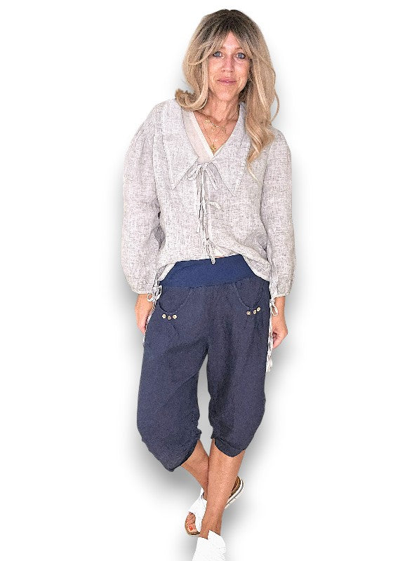 Helga May: Linen Capri Pants - Navy