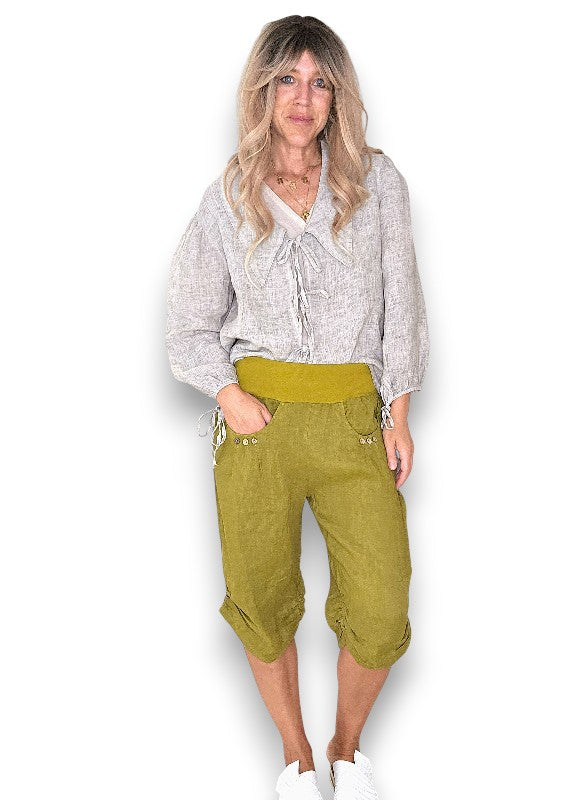 Helga May: Linen Capri Pants - Olive