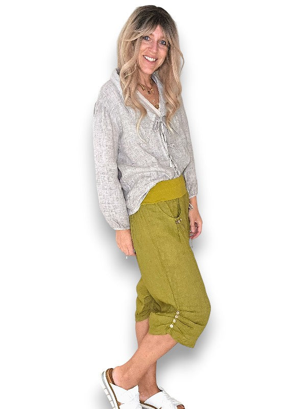 Helga May: Linen Capri Pants - Olive