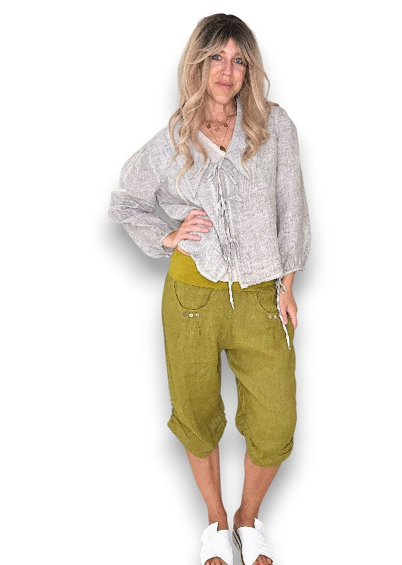 Helga May: Linen Capri Pants - Olive